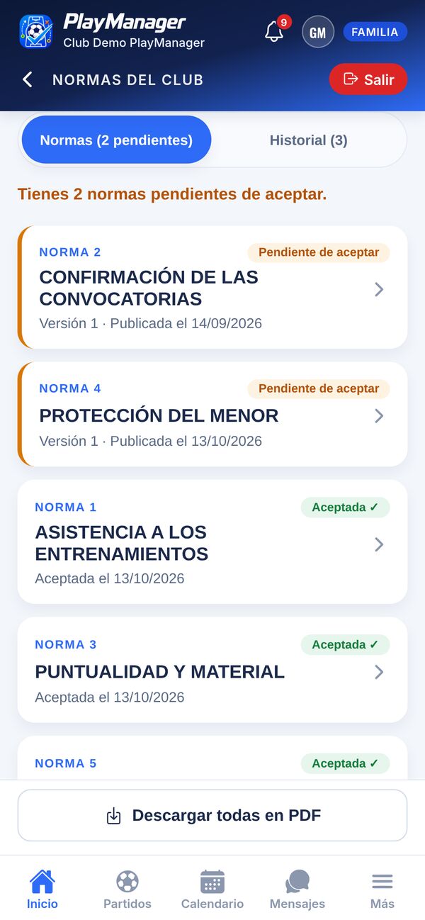 Normas del club para la familia: las pendientes de aceptar y las ya aceptadas, con el botón para descargarlas en PDF